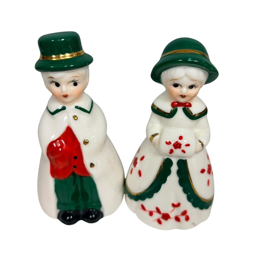 Vintage Victorian Boy & Girl Ceramic Christmas Bells Green Red Gold‎ Japan MCM